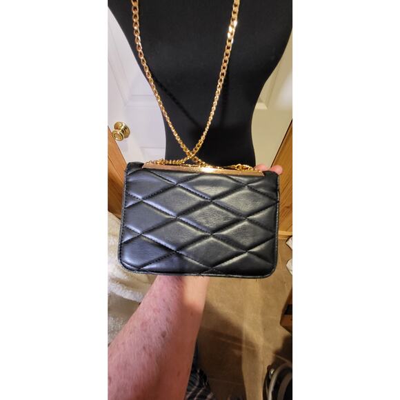 BeBe Crossbody purse, black, long gold color strap, divided sections. - Picture 6 of 13